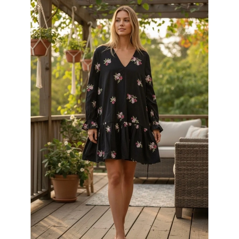 ASOS Women Floral Embroidered Drop Waist Mini Dress 10 Black Bohemian